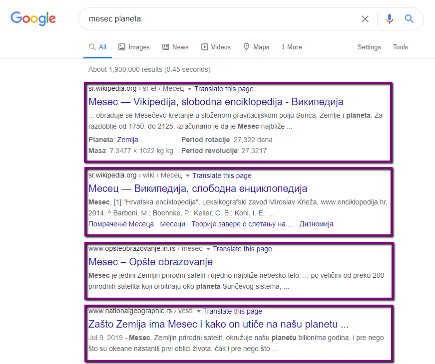 google rezultati primer